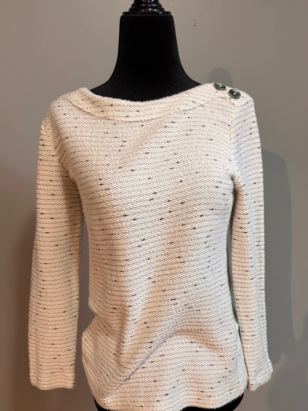 LOFT Cream Speckled Boatneck Sweater with Shoulder Buttons